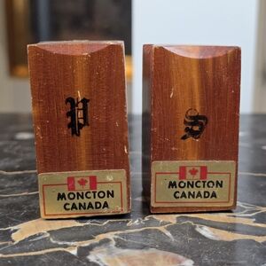Vintage Wooden Salt & Pepper Shakers Moncton NB Canada Souvenir Rustic Gothic
